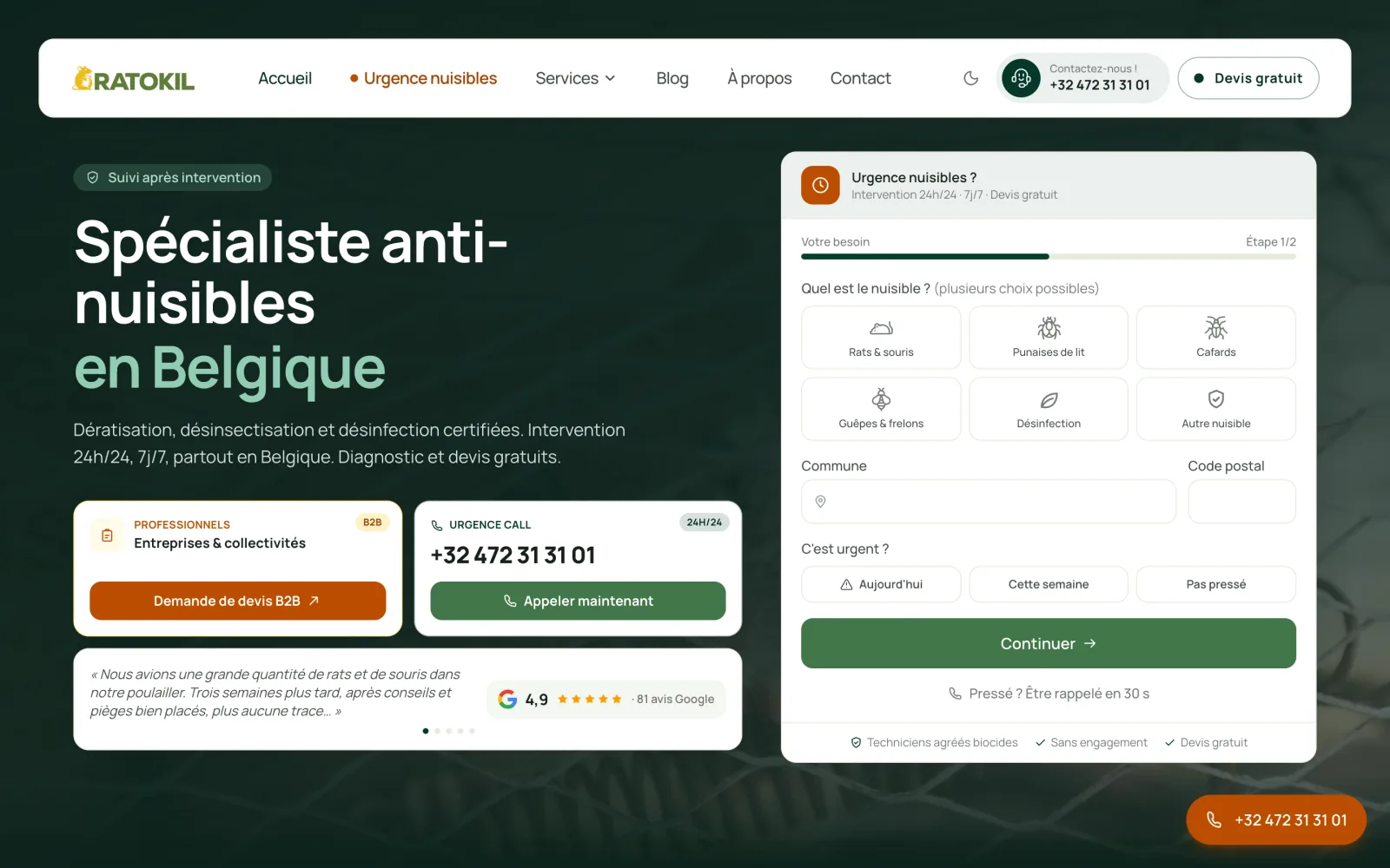 Page d'accueil du site Ratokil.be avec formulaire de devis multi-étapes